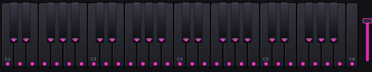 The keyboard in instrument mode, every key the same colour