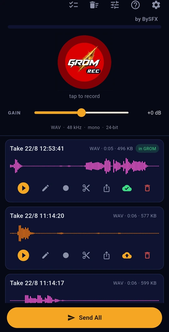 GROM Rec on the phone: the first take is marked in GROM