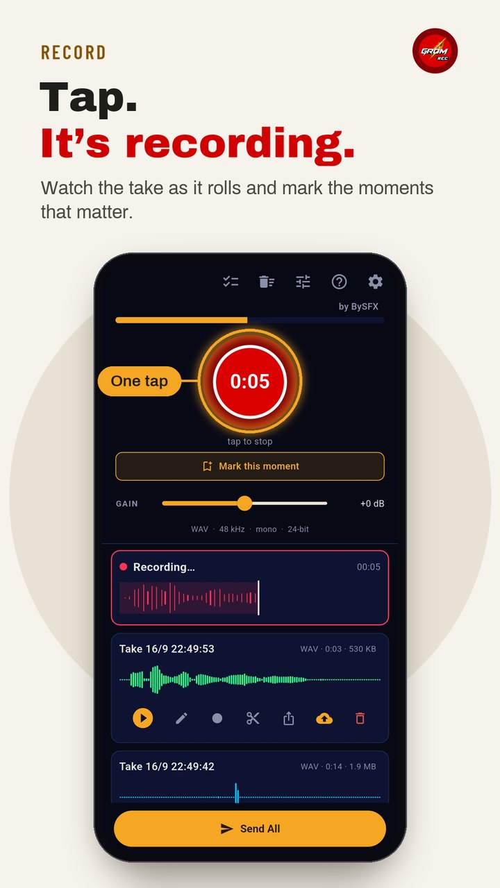 Recording: the red timer, Mark this moment and the live waveform