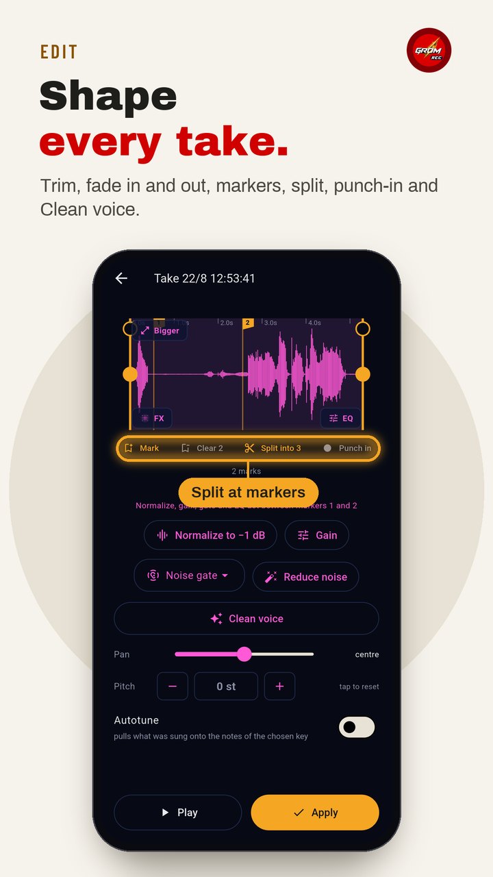 Take editor with markers, split, normalize, noise gate and Clean voice