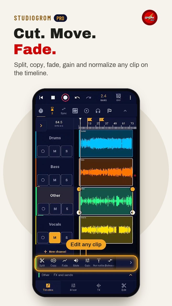Clip tools on the timeline: split, copy, fade, gain, normalize