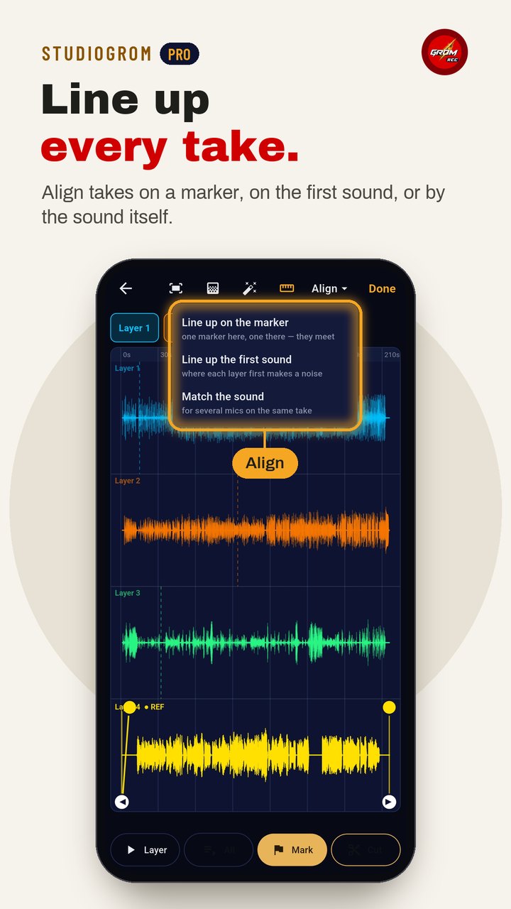 Studio editor with four takes and the Align menu