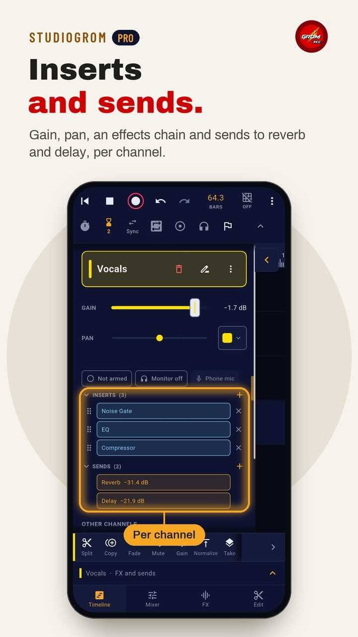 Channel panel with inserts and sends