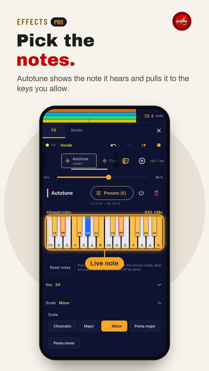 Autotune keyboard with the allowed notes and the note it hears