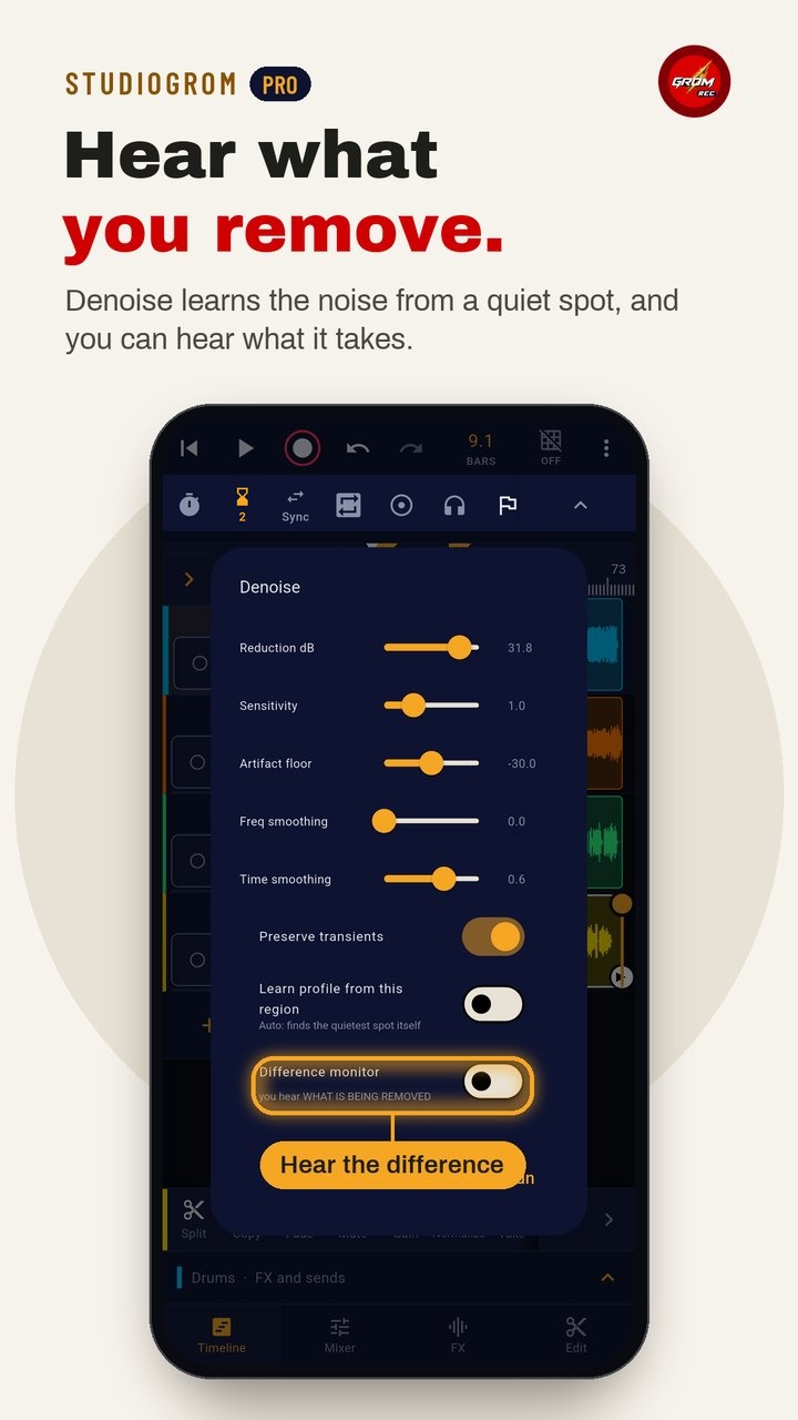 Denoise with Learn profile and Difference monitor