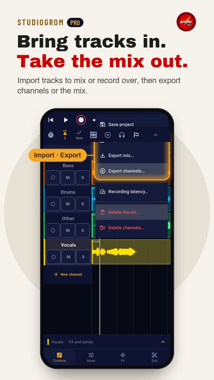 Studio menu: save project, import track, export mix and channels